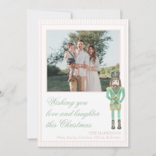 Preppy Pink Green Christmas Nutcracker One Photo Holiday Card