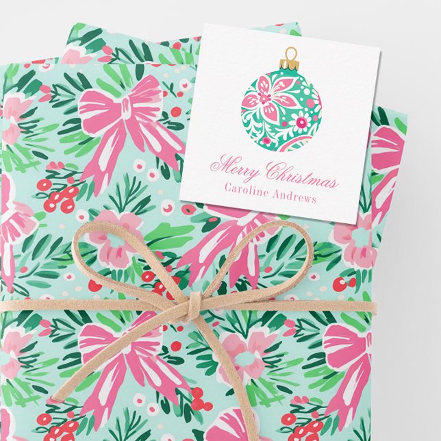 Preppy Pink & Green Christmas Ornament Enclosure Card (Creator Uploaded)