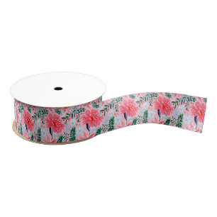 Preppy Pink & Green Christmas Poinsettias Grosgrain Ribbon