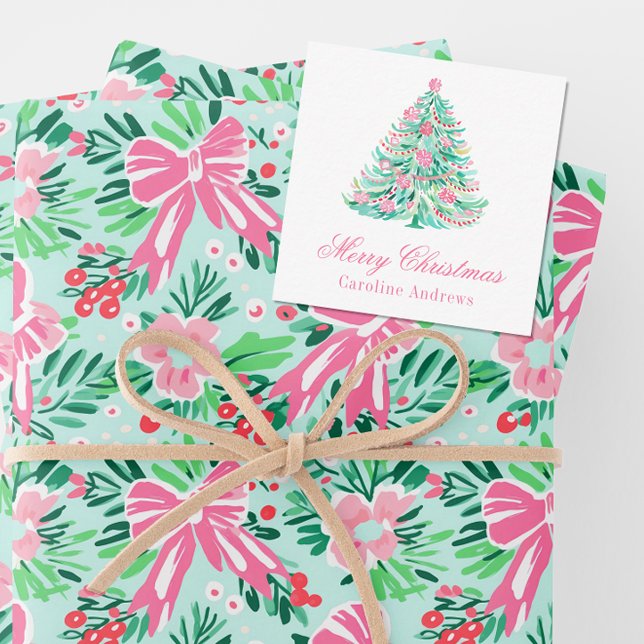 Preppy Pink & Green Christmas Tree Gift Enclosure Card (Creator Uploaded)