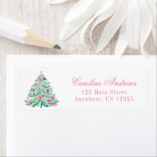 Preppy Pink & Green Christmas Tree Return Address