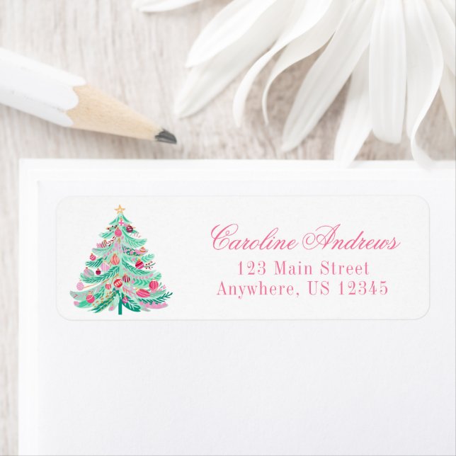 Preppy Pink & Green Christmas Tree Return Address (Insitu)