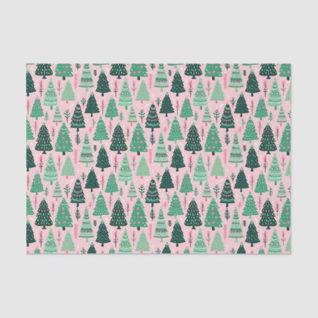 Preppy Pink & Green Christmas Trees Tissue Paper (Front)