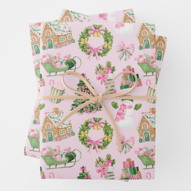 Preppy Pink & Green Christmas Wrapping Paper Sheet (In situ)