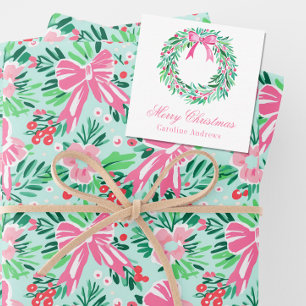 Preppy Pink & Green Christmas Wreath Enclosure Card