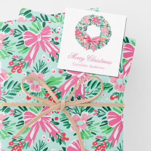 Preppy Pink & Green Christmas Wreath Enclosure Card