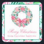 Preppy Pink & Green Christmas Wreath Gift Square Sticker<br><div class="desc">PreppyPrint.com - Celebrate Christmas in style! Add your personalised touch. Transfer this design onto the products of your choice too! Please visit my designer store,  PreppyPrint.com,  for coordinating items.</div>