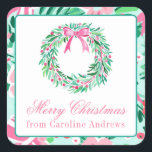 Preppy Pink & Green Christmas Wreath Gift Square Sticker<br><div class="desc">PreppyPrint.com - Celebrate Christmas in style! Add your personalised touch. Transfer this design onto the products of your choice too! Please visit my designer store,  PreppyPrint.com,  for coordinating items.</div>