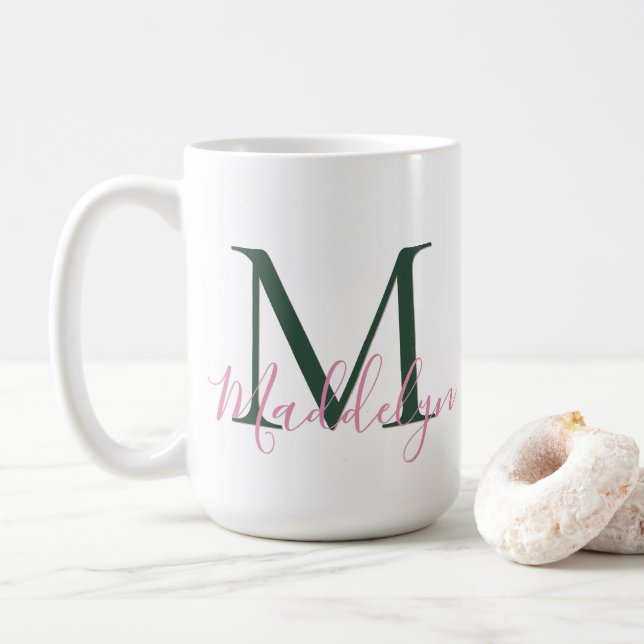 Preppy Pink & Green Custom Initial Monogram Coffee Mug (With Donut)