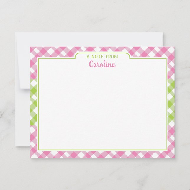 Preppy Pink Green Gingham Girly Stationery Card (Front)