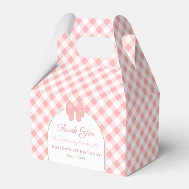 Preppy Pink Green Gingham Ribbon Girl Birthday Favour Box (Front Side)