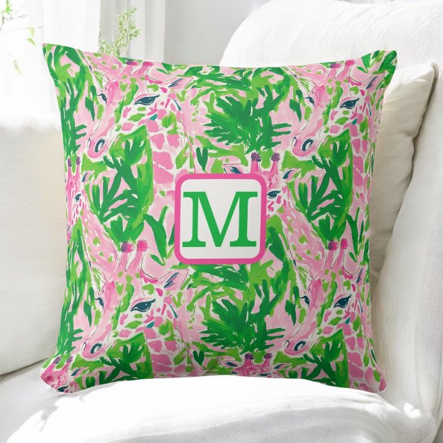 Preppy Pink Green Giraffe Pattern Monogram Cushion (Creator Uploaded)