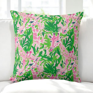 Preppy Pink Green Giraffes / Palm Beach Decor  Cushion