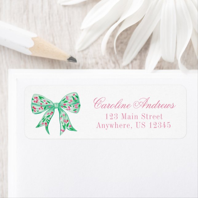 Preppy Pink & Green Holly Bow Return Address (Insitu)