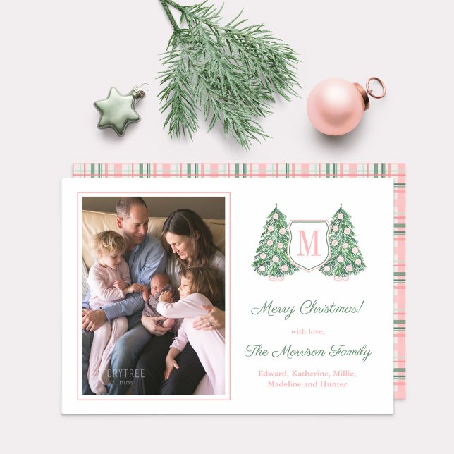 Preppy Pink Green Monogram Merry Christmas Photo Holiday Card (Photocard: Christmas trees with pink white chinoiserie ornaments, monogram crest and tartan reverse)