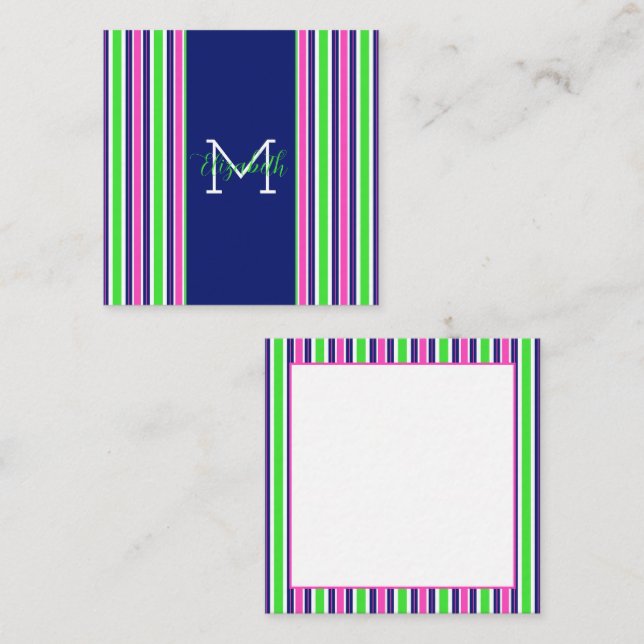 Preppy Pink Green Navy Blue Stripe Monogram Card (Front/Back)
