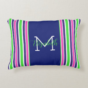 Preppy Pink Green Navy Blue Stripe Monogram Decorative Cushion
