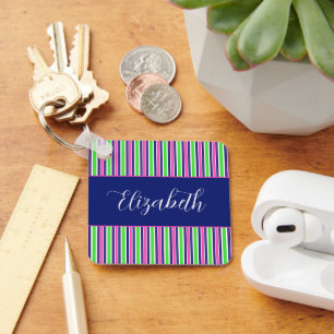 Preppy Pink Green Navy Blue Stripes Personalised Key Ring