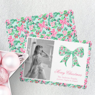 Preppy Pink & Green Palm Beach Christmas Bow Holiday Card