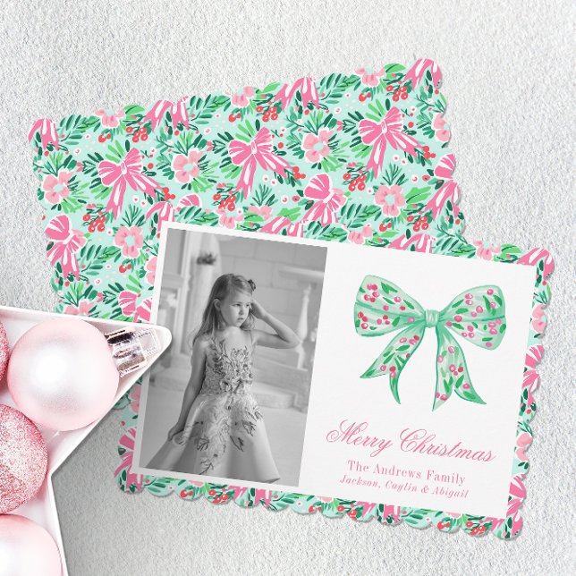 Preppy Pink & Green Palm Beach Christmas Bow Holiday Card (Creator Uploaded)