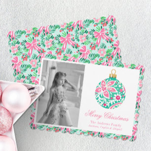 Preppy Pink & Green Palm Beach Christmas Ornament Holiday Card