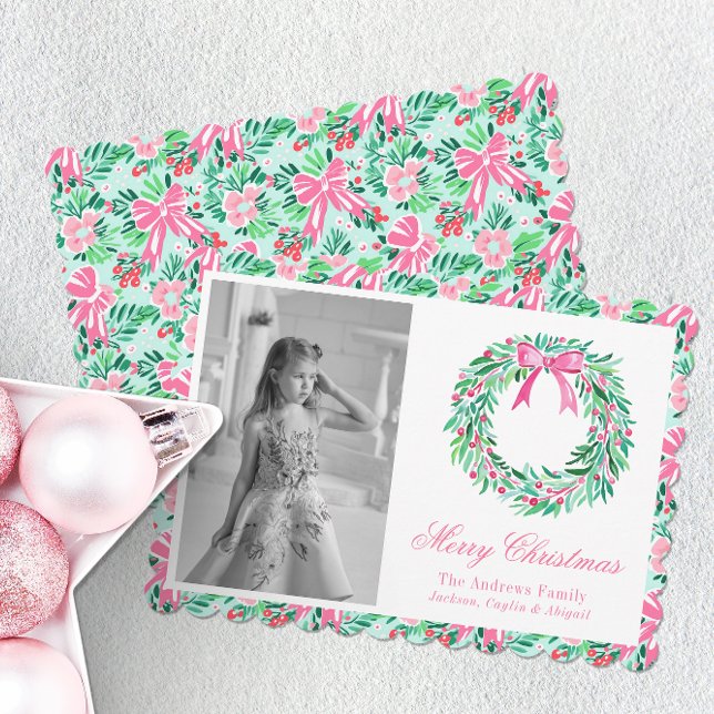 Preppy Pink & Green Palm Beach Wreath Photo Holiday Card (Creator Uploaded)