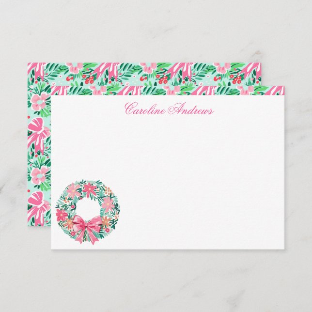 Preppy Pink & Green Palm Beach Wreath Thank You Card (Front/Back)