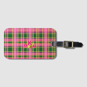 Preppy Pink & Green Plaid Monogrammed Luggage Tag