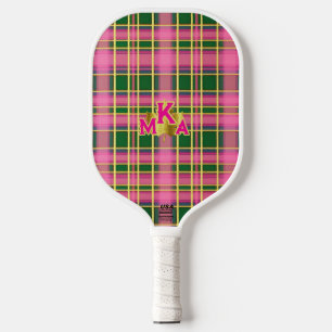 Preppy Pink & Green Plaid Monogrammed Pickleball Paddle