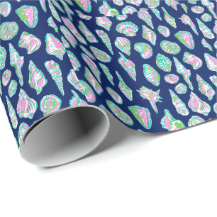 Preppy Pink Green Seashell Navy Wrapping Paper