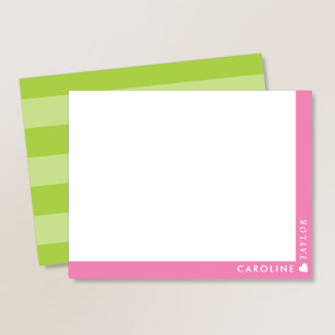 Preppy Pink Green Stripes Cute Girly Personalised Card