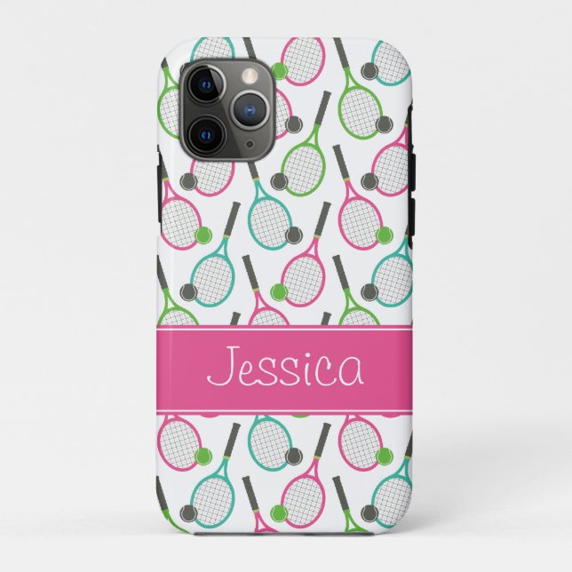 Preppy Pink Green Teal Tennis Pattern Personalised Case-Mate iPhone Case (Back)