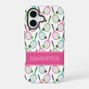 Preppy Pink Green Teal Tennis Pattern Personalised iPhone 16 Case