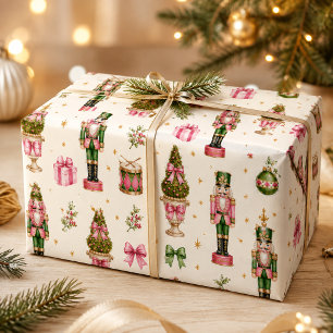 Preppy Pink Green Watercolor Nutcracker Christmas  Wrapping Paper