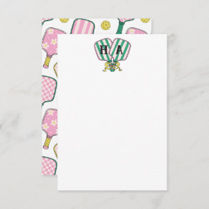 Preppy Pink Green & Yellow Pickleball Monogram Thank You Card