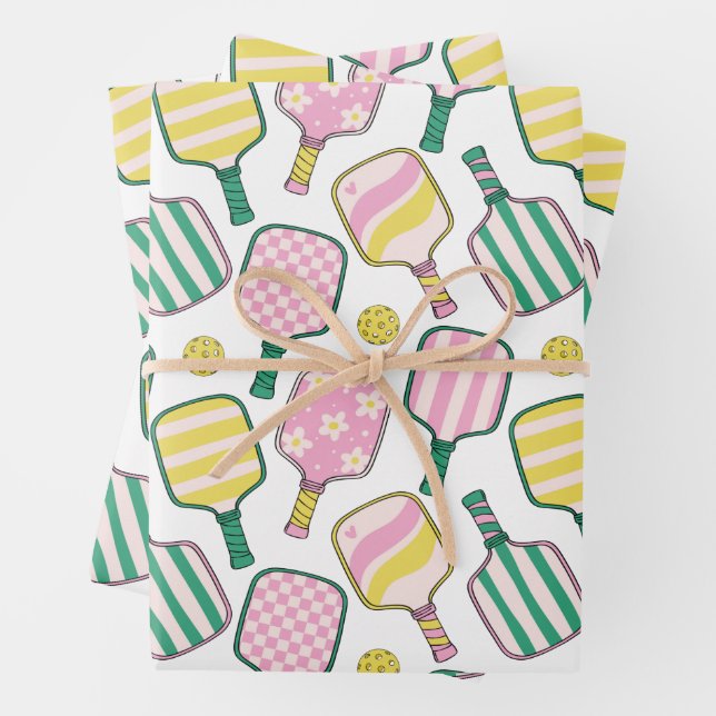 Preppy Pink Green & Yellow Pickleball Paddles Wrapping Paper Sheet (In situ)