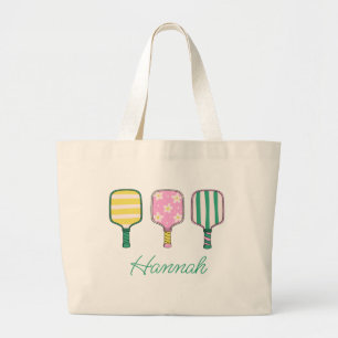 Preppy Pink Green Yellow Pickleball Personalised Large Tote Bag