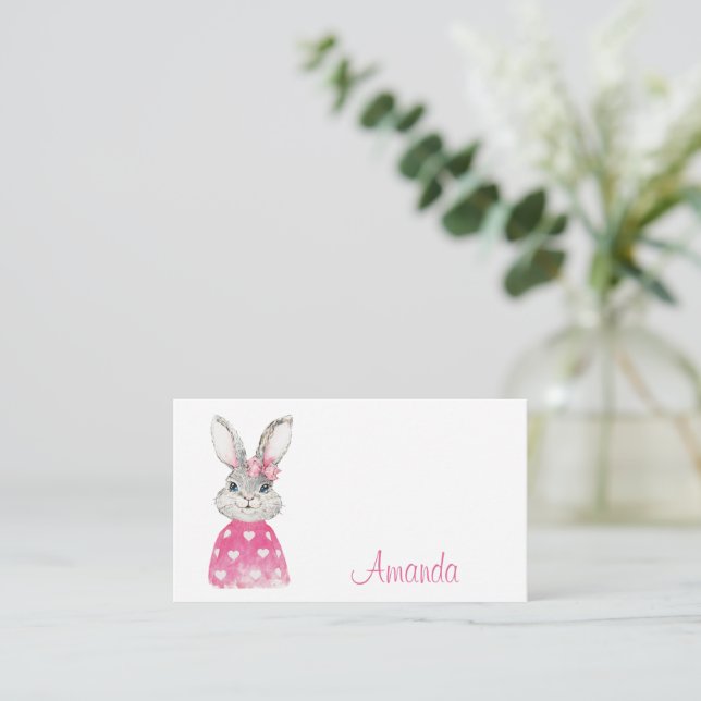 Preppy Pink Heart Bow Bunny Card (Standing Front)