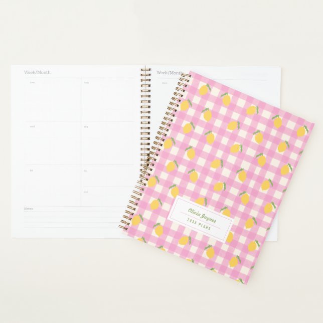 Preppy Pink Lemon Gingham Girly Personalised 2027 Planner (Display)