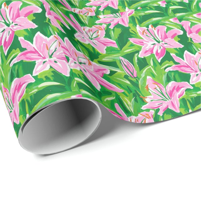 Preppy Pink Lily Floral Chic Botanical Gift  Wrapping Paper (Roll Corner)