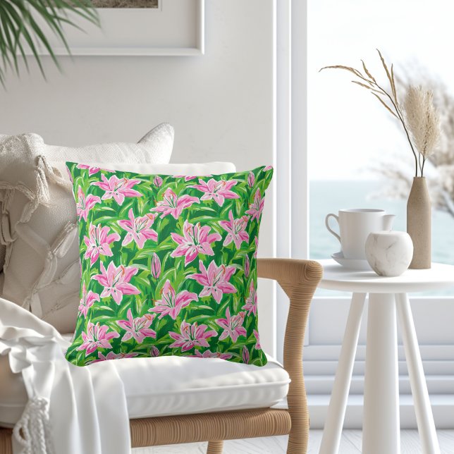Preppy Pink Lily Floral Greenery Chic Garden Decor Cushion (Creator Uploaded)