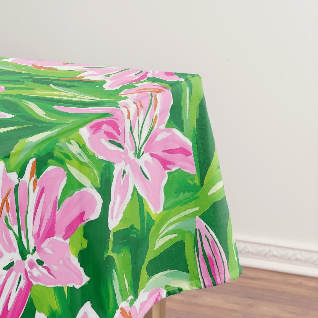 Preppy Pink Lily Floral Greenery Chic Garden Party Tablecloth (In Situ)