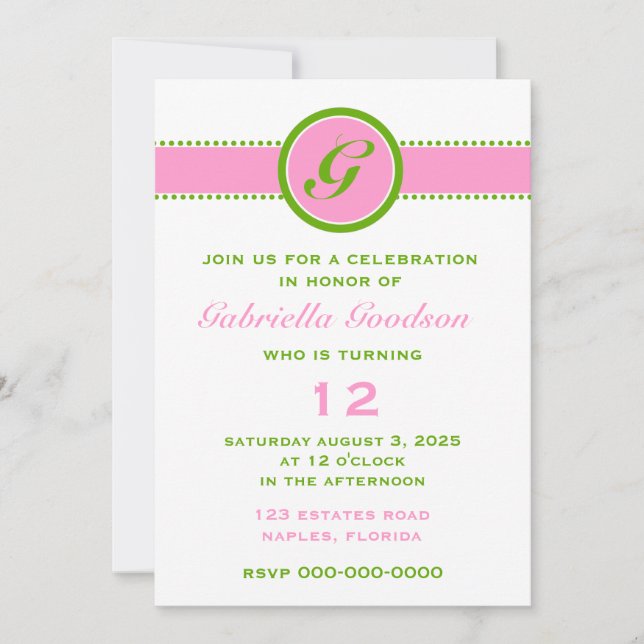 Preppy Pink & Lime Green Monogram Striped 2 Invitation (Front)