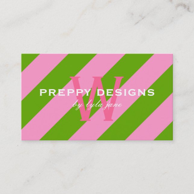 Preppy Pink & Lime Green Striped Monogram Business Card (Front)