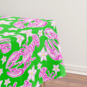 Preppy Pink Lobster & Floral Green Coastal Chic Tablecloth