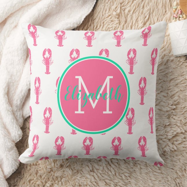 Preppy Pink Lobsters on White Monogram Cushion (Blanket)
