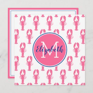 Preppy Pink Lobsters on White With Navy Monogram