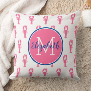 Preppy Pink Lobsters on White With Navy Monogram Cushion