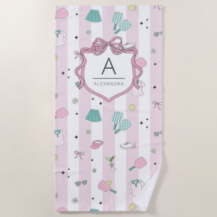 Preppy Pink Monogram Pickleball Gift for Her Beach Towel