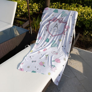 Preppy Pink Monogram Pickleball Gift for Her Beach Towel